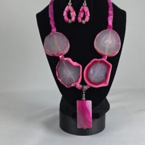 Handmade Pink Druzy Agate Slice Statement Bib Necklace & Earring Set 172g NEW