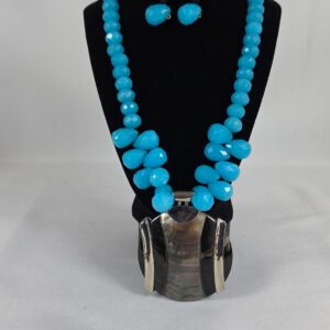 Artisan Faceted Blue Quartz Statement Necklace Abalone Shell Pendant Boho 239g