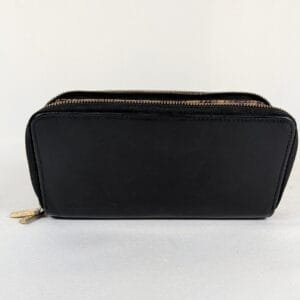 HOBO Black Leather Wallet Purple and Gold Cloth Swirl Interior
