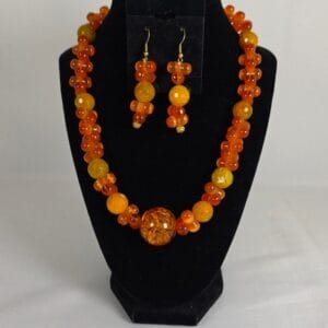 Artisan Cat's Eye Glass Bead Statement Necklace & Earring Set Sunset Orange Boho