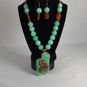 Handmade Apple Green Chrysoprase Goldstone Statement Necklace Earring Set NEW ​