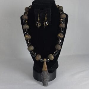 Handmade Smoky Quartz Dzi Bead Tribal Necklace Raw Black Kyanite Pendant Set NEW