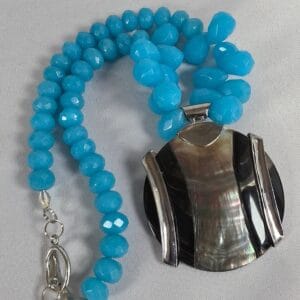 Artisan Faceted Blue Quartz Statement Necklace Abalone Shell Pendant Boho 239g