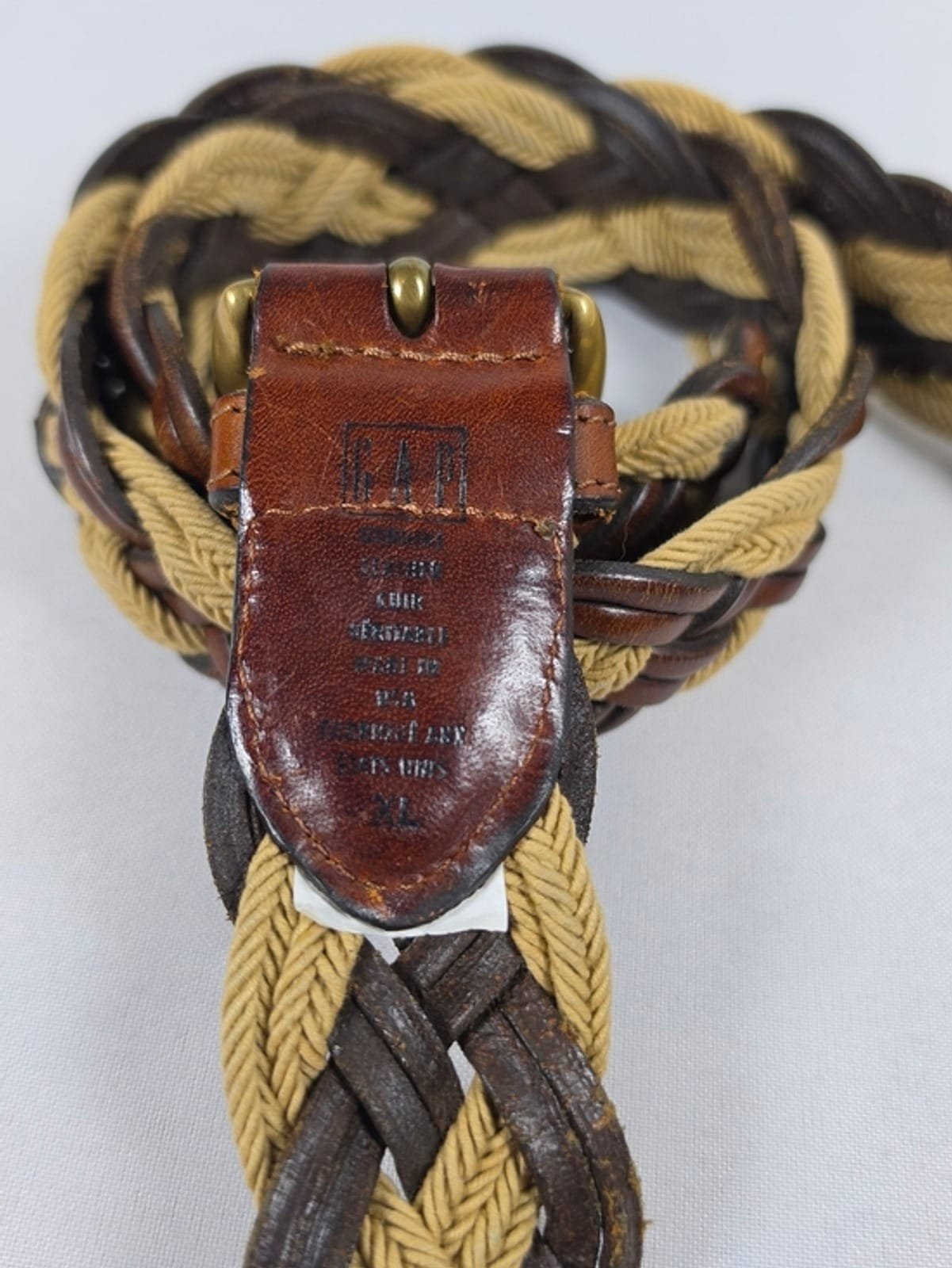 2048 4e50eae0 9efe 48a4 b731 55af70850275 1781590395715 598186325.jpeg Vintage GAP Braided Leather & Canvas Belt Solid Brass Buckle Made In USA XL