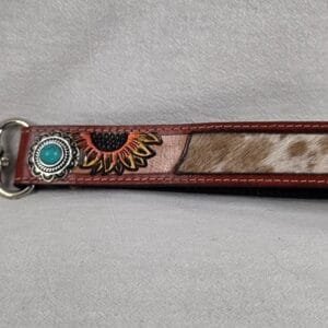 Western Tooled Leather Sunflower Wristlet Keychain Cowhide Turquoise Concho Boho