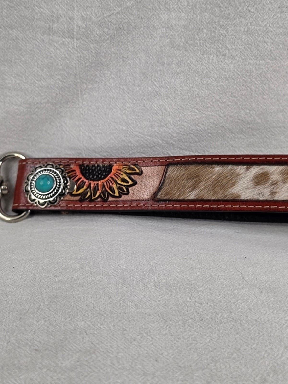 2048 50728830 d48c 4924 ab83 e2803439dbf8 1781590470167 555591811.jpeg Western Tooled Leather Sunflower Wristlet Keychain Cowhide Turquoise Concho Boho