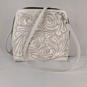 Origenes David Luna White Hand Tooled Leather Crossbody Bag Floral Small