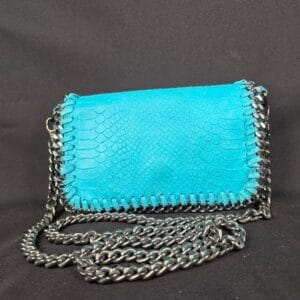 ​Made in Italy Genuine Leather Turquoise Snake Embossed Chain Edge Crossbody Bag