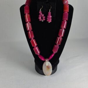 Handmade Pink Dragon Vein Agate Tube Necklace Large Banded Oval Pendant Set NEW