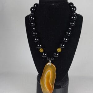 Handmade Black Onyx Golden Jade Necklace Banded Carnelian Agate Pendant NEW 190g