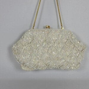 Vintage JEM Hand-Beaded Sequin Evening Bag White Gold Frame Clutch Hong Kong