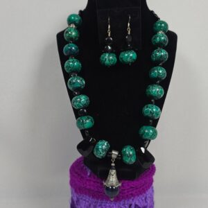 Chunky Malachite Jasper Black Onyx Statement Pendant Necklace & Earring Set NEW