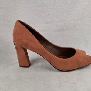 Tory Burch Tan Suede T-Heel Peep-Toe Pumps Gold Architectural Heel 9.5M
