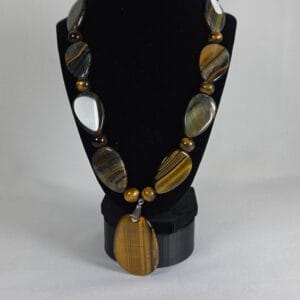 Handmade Dual Tone Golden Blue Tiger Eye Statement Pendant Necklace 18KGR NEW