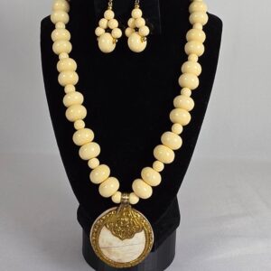 Beige Beaded Necklace and Earrings Set with Ornate Gold Pendant